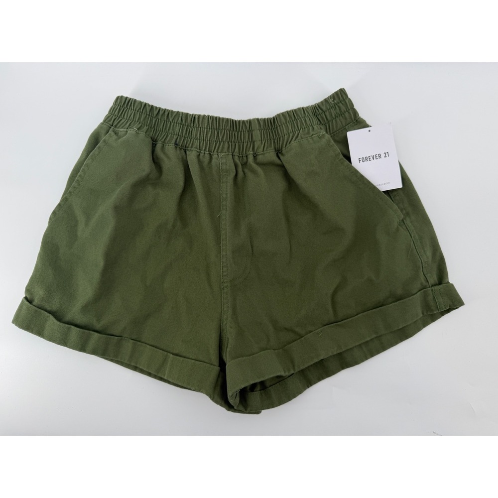 Forever 21 Womens XS Olive Green High Waisted Elastic Utility Cuffed Shorts NWT